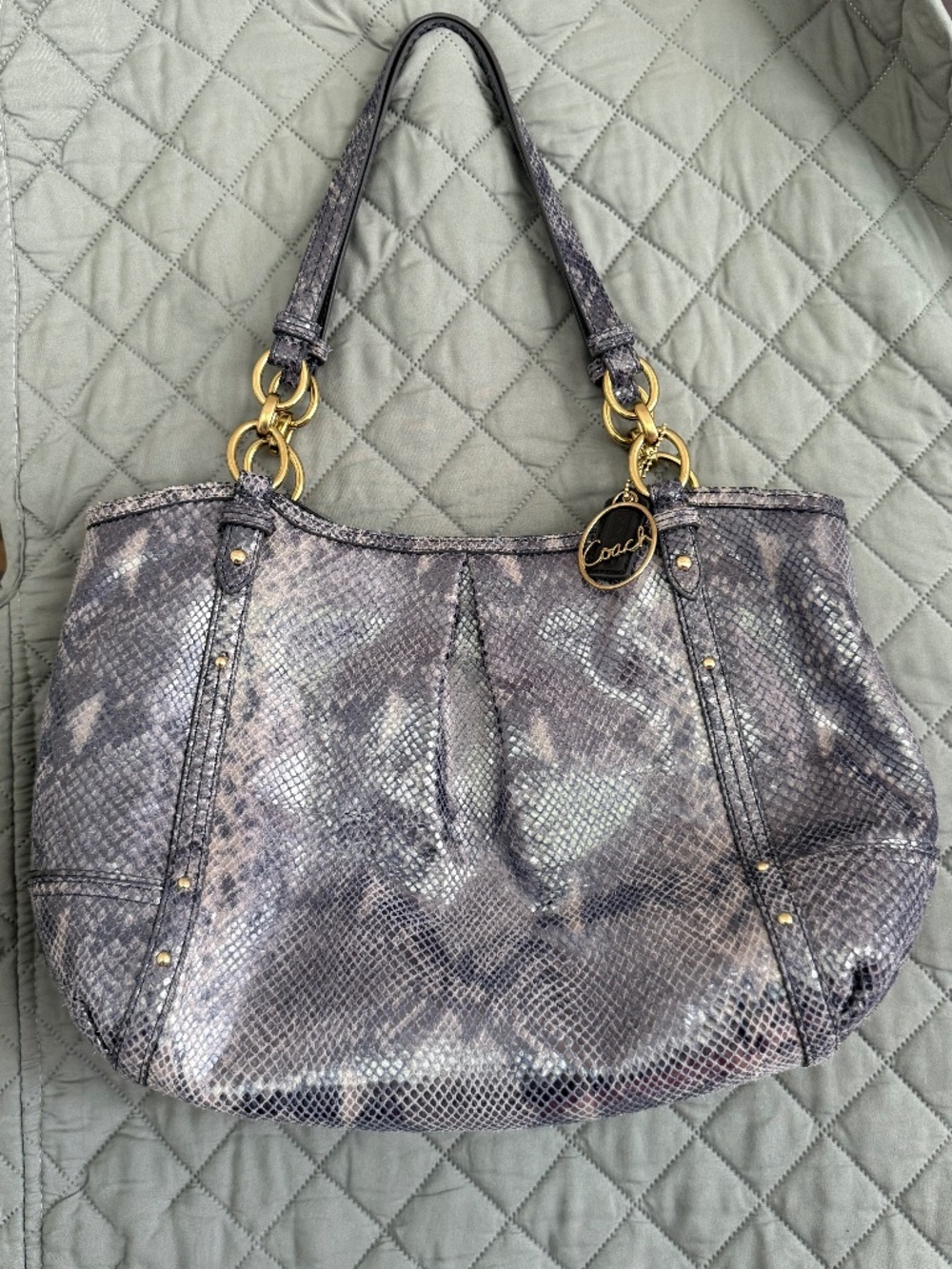 Coach Alexandra Python-Embossed Blue/Gray Shoulder Bag with Gold Hardware. EUC.